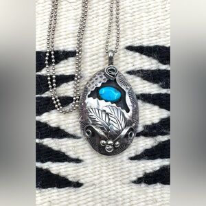 Navajo Native American Sterling Silver Natural Blue Turquoise Pendant Necklace